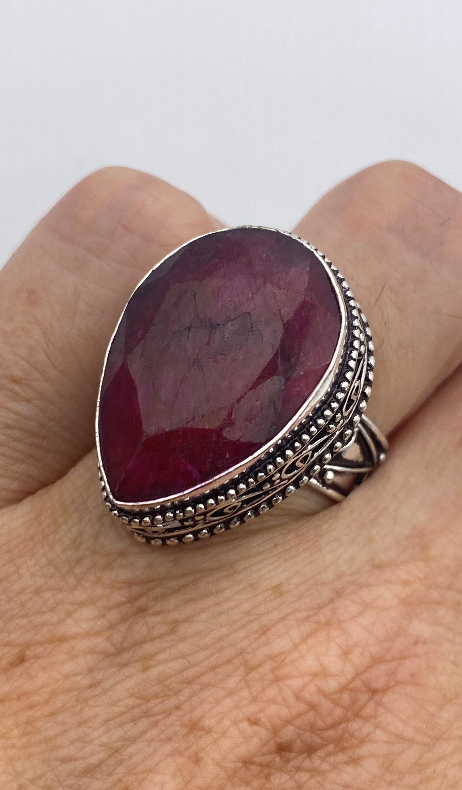 Vintage Raw Pink Ruby Deco Silver Cocktail Ring Adjustable Size