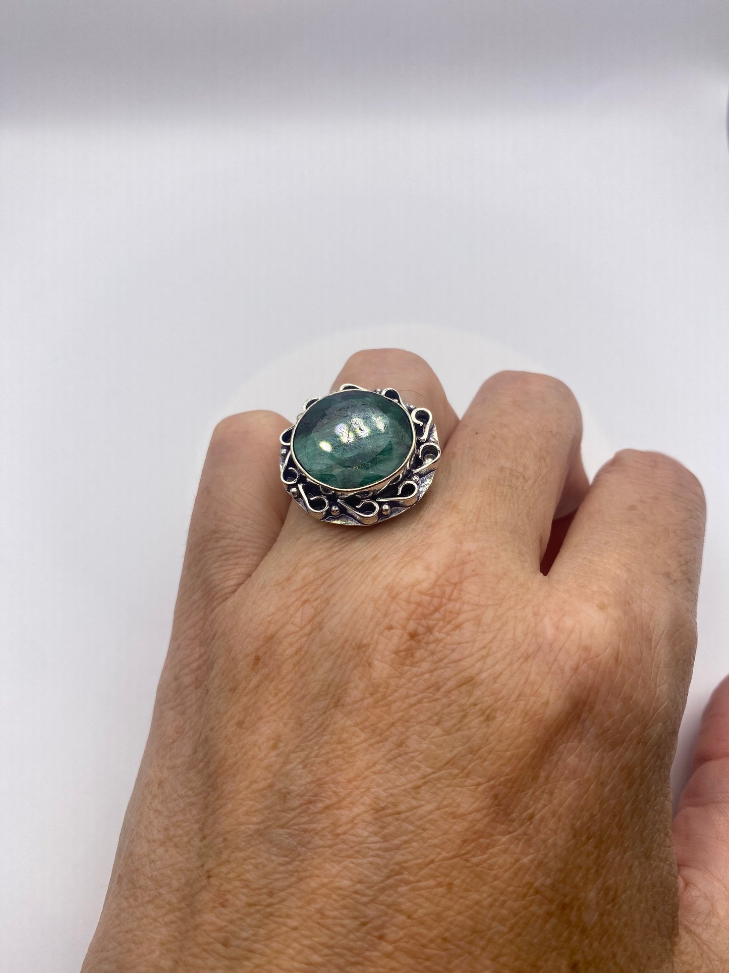 Vintage Green Raw Emerald Silver Bronze Statement Boho Ring