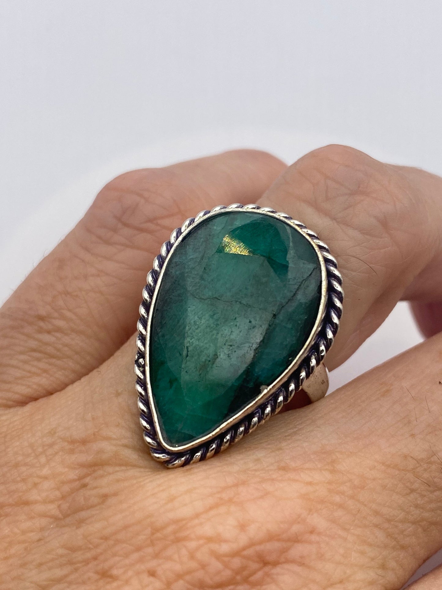 Vintage Green Raw Emerald Silver Bronze Statement Boho Ring