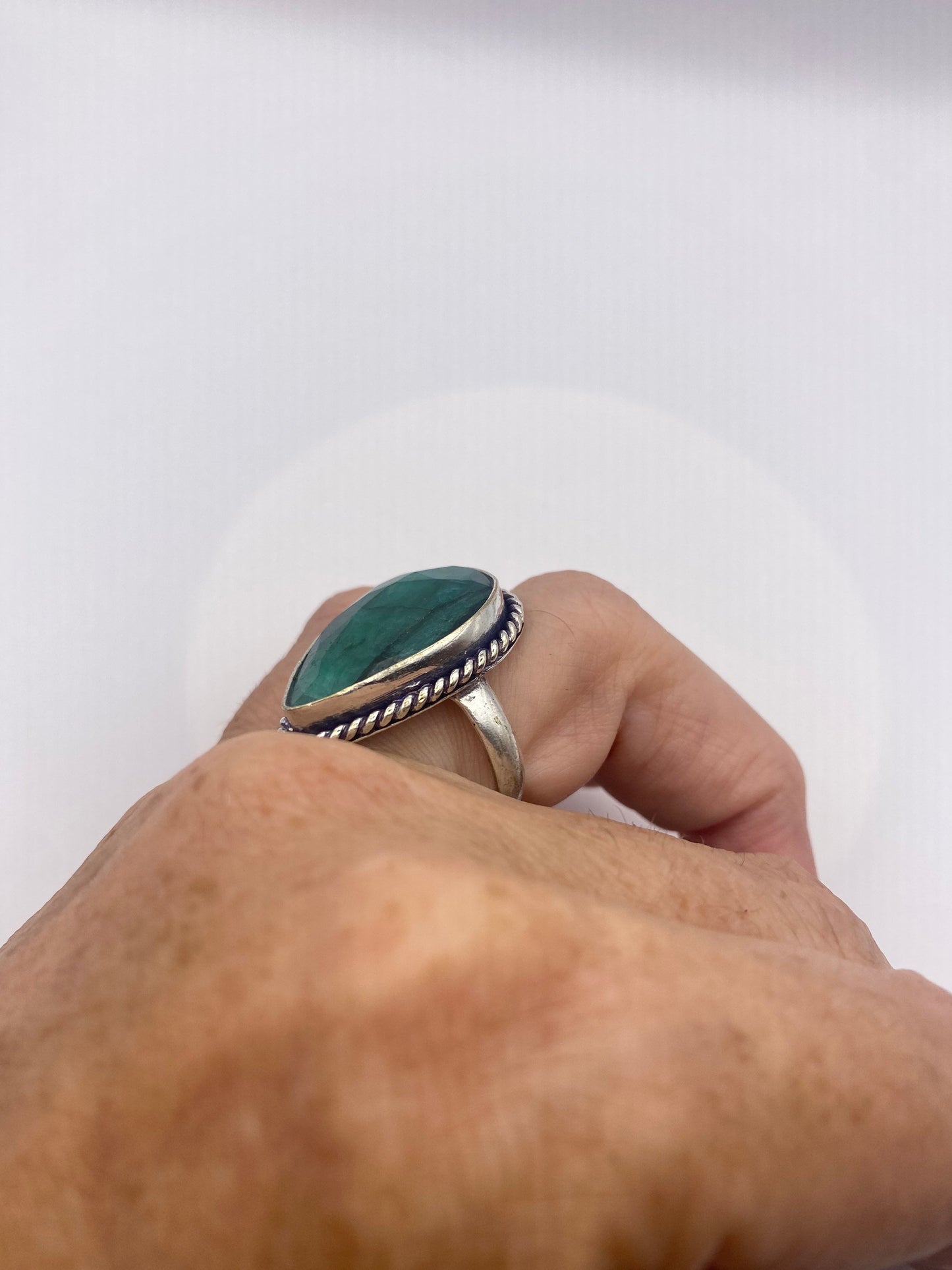 Vintage Green Raw Emerald Silver Bronze Statement Boho Ring