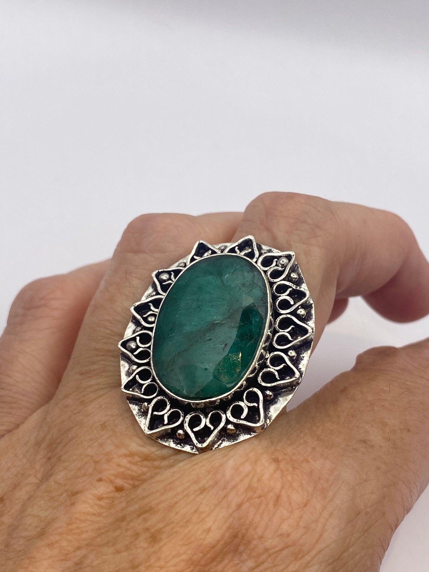 Vintage Green Raw Emerald Silver Bronze Statement Boho Ring