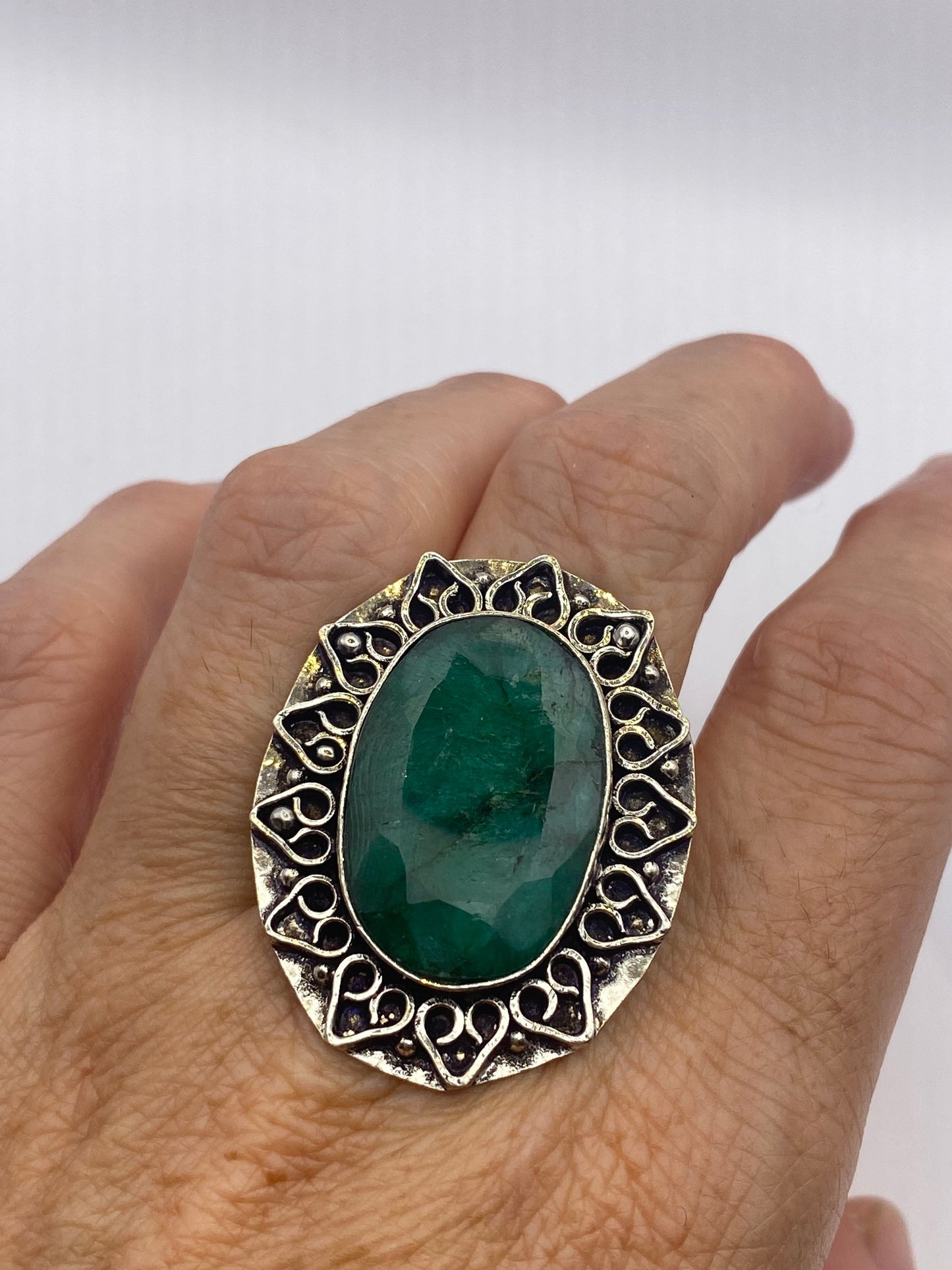 Vintage Green Raw Emerald Silver Bronze Statement Boho Ring