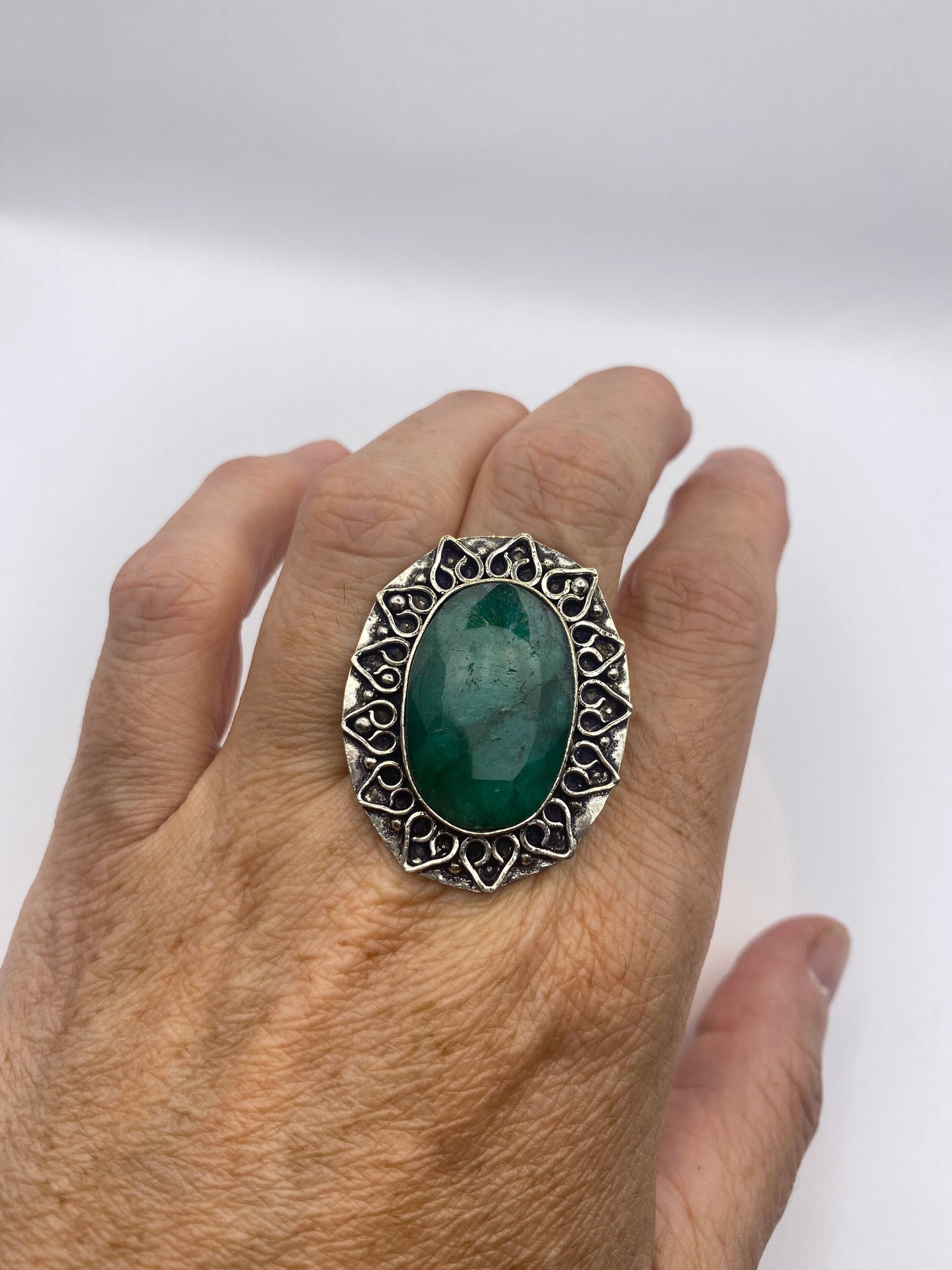 Vintage Green Raw Emerald Silver Bronze Statement Boho Ring