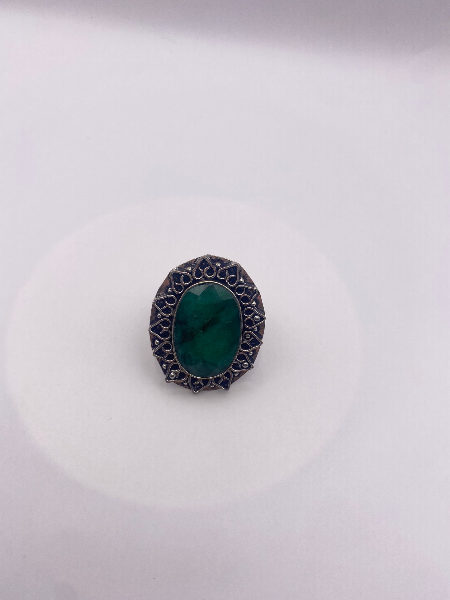 Vintage Green Raw Emerald Silver Bronze Statement Boho Ring