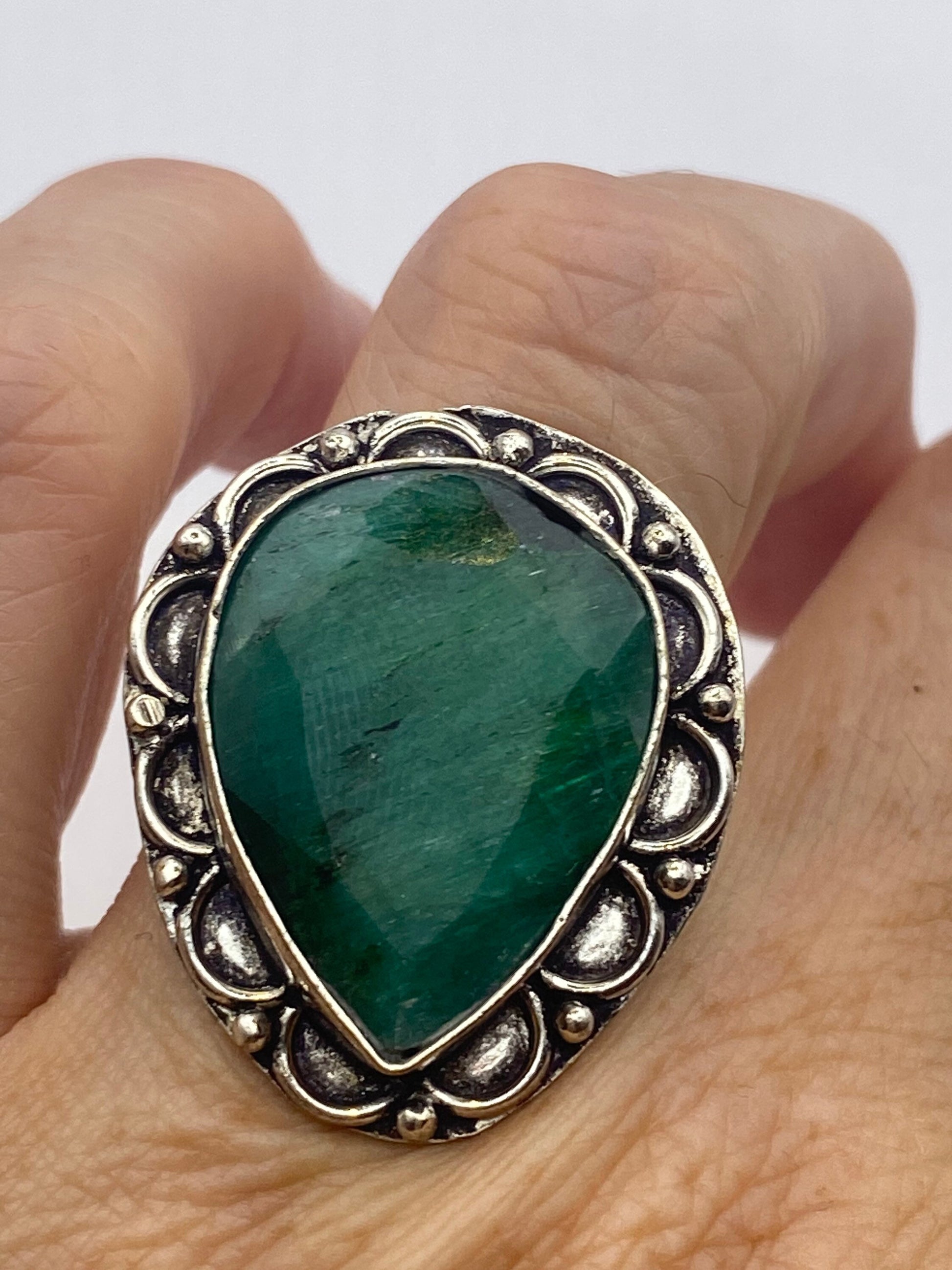 Vintage Green Raw Emerald Silver Bronze Statement Boho Ring