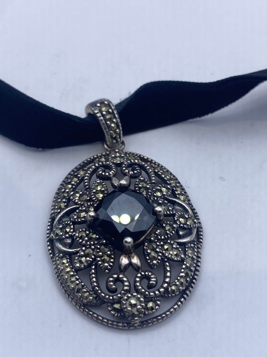 Vintage Black Onyx Marcasite Choker 925 Sterling Silver Deco Pendant Necklace