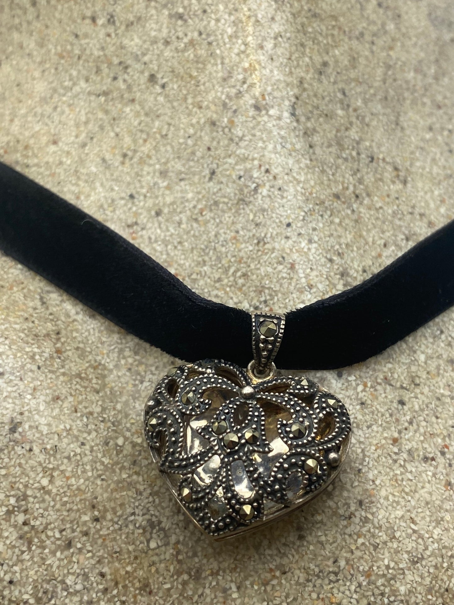 Vintage Deco Marcasite Heart Locket Choker 925 Sterling Silver Necklace