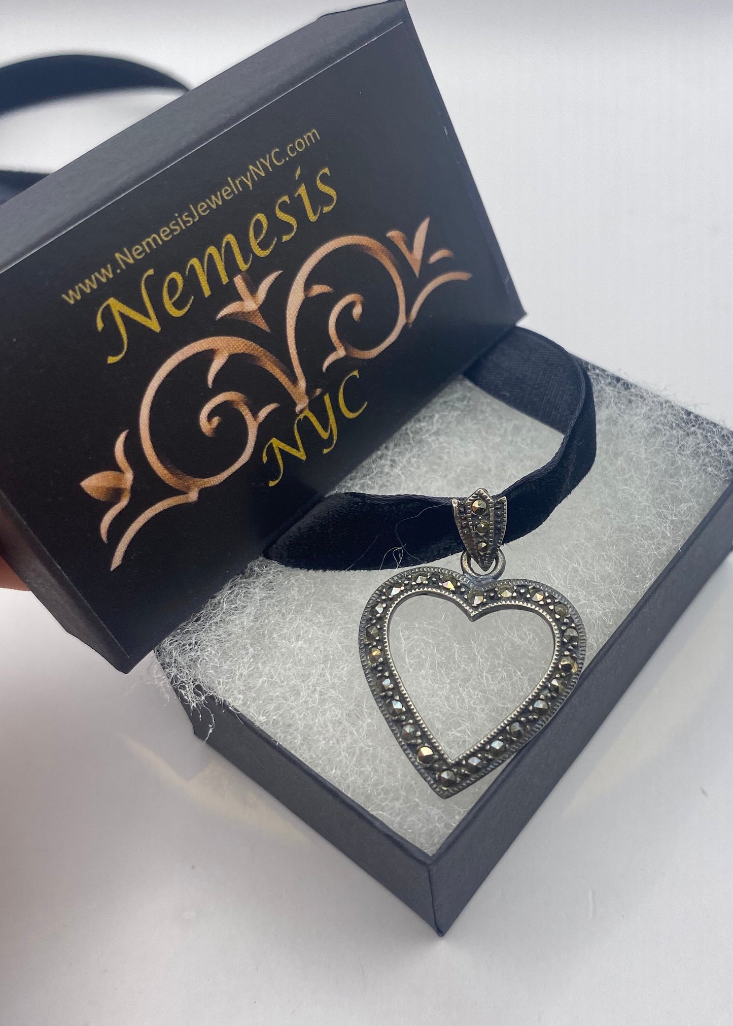 Vintage Marcasite Heart Choker 925 Sterling Silver Deco Pendant Necklace