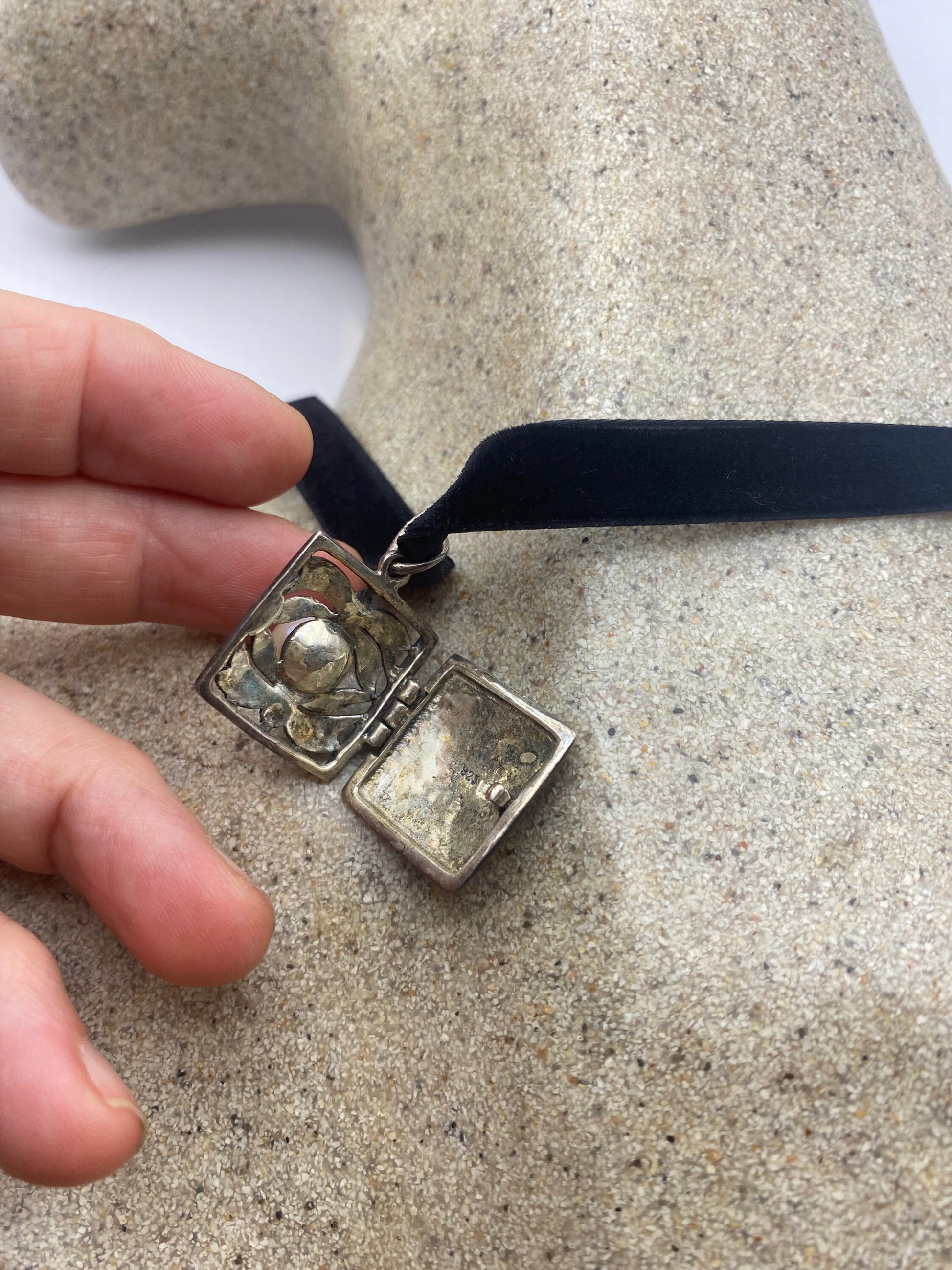 Vintage Deco Marcasite Locket Choker 925 Sterling Silver Necklace