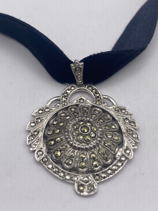 Vintage Marcasite Flower 925 Sterling Silver Pendant Necklace