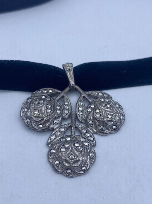 Vintage Marcasite Rose Flower 925 Sterling Silver Pendant Necklace