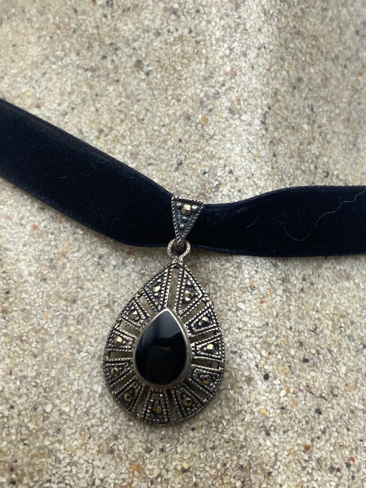 Vintage Black Onyx Marcasite Choker 925 Sterling Silver Deco Pendant Necklace