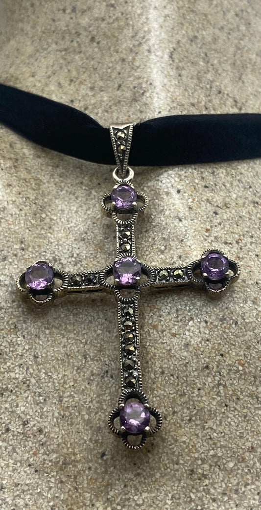 Vintage Purple Amethyst Marcasite Cross Choker Black Velvet Ribbon Pendant