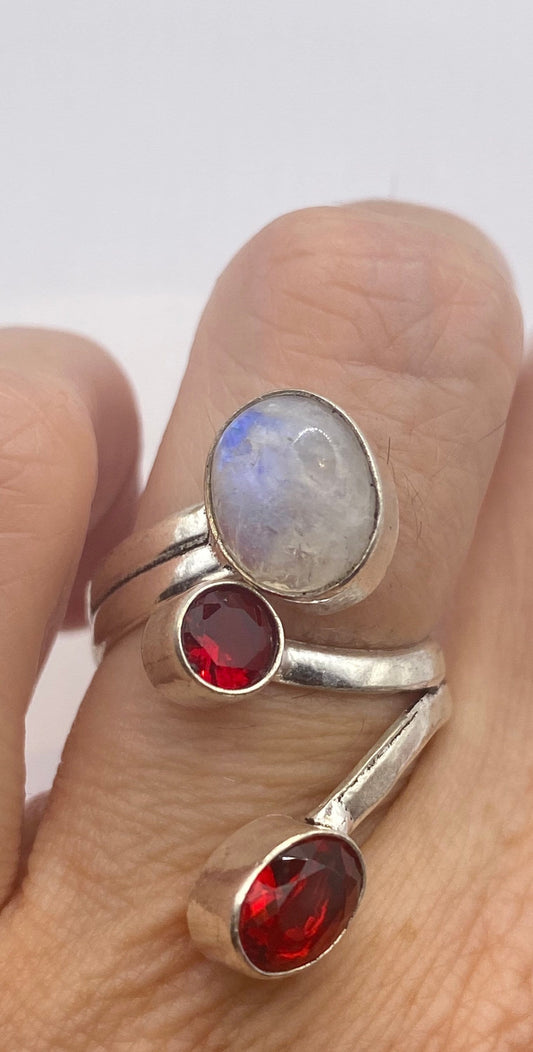 Vintage Genuine Blue White Rainbow Moonstone Ruby Glass Ring Statement Cocktail Size Adjustable
