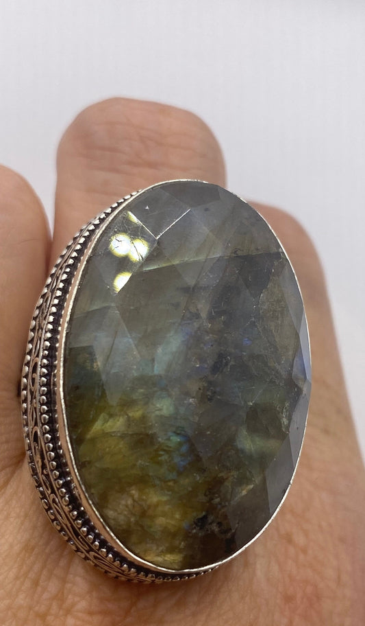Vintage Blue Green Labradorite Moonstone Silver Cocktail Ring
