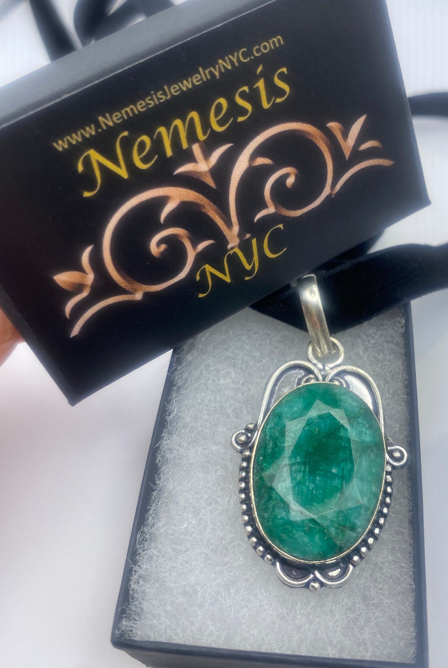 Vintage Green Raw Emerald Crystal Black Velvet Choker Pendant