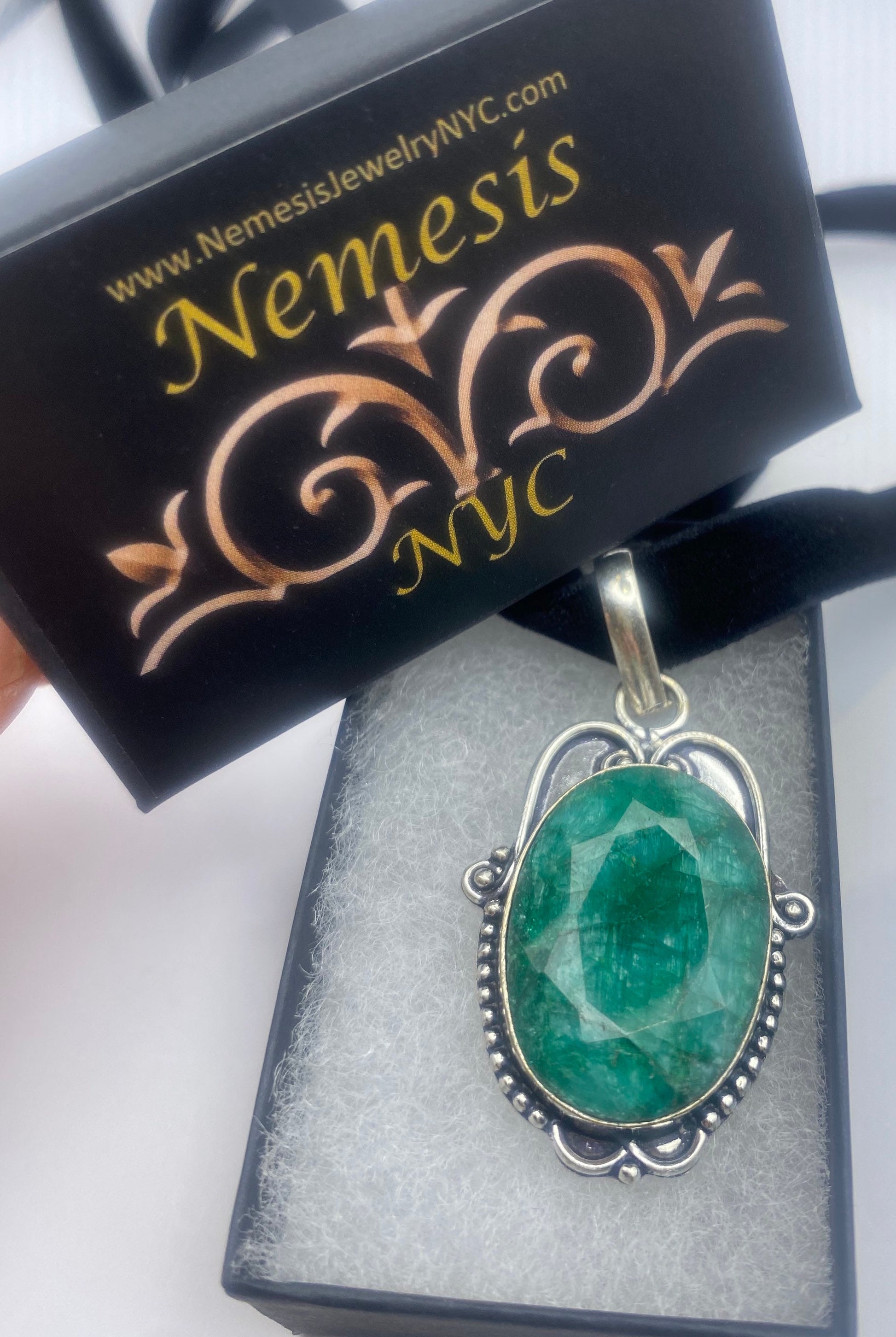 Vintage Green Raw Emerald Crystal Black Velvet Choker Pendant