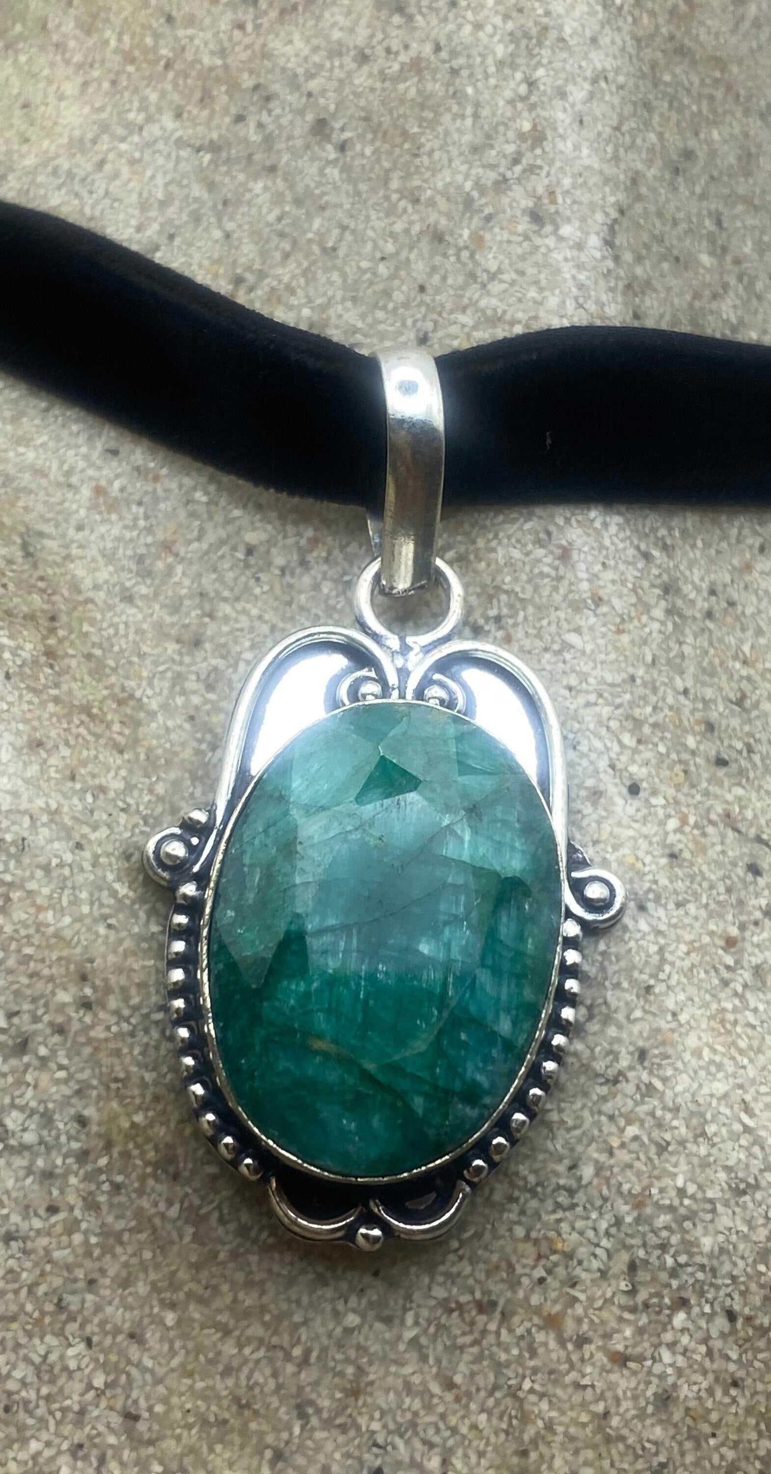 Vintage Green Raw Emerald Crystal Black Velvet Choker Pendant