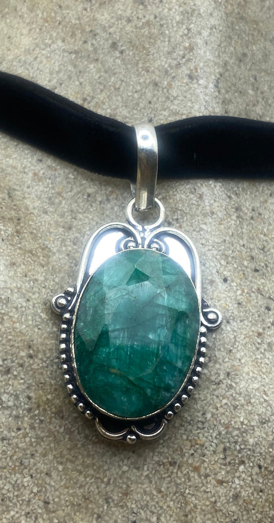 Vintage Green Raw Emerald Crystal Black Velvet Choker Pendant