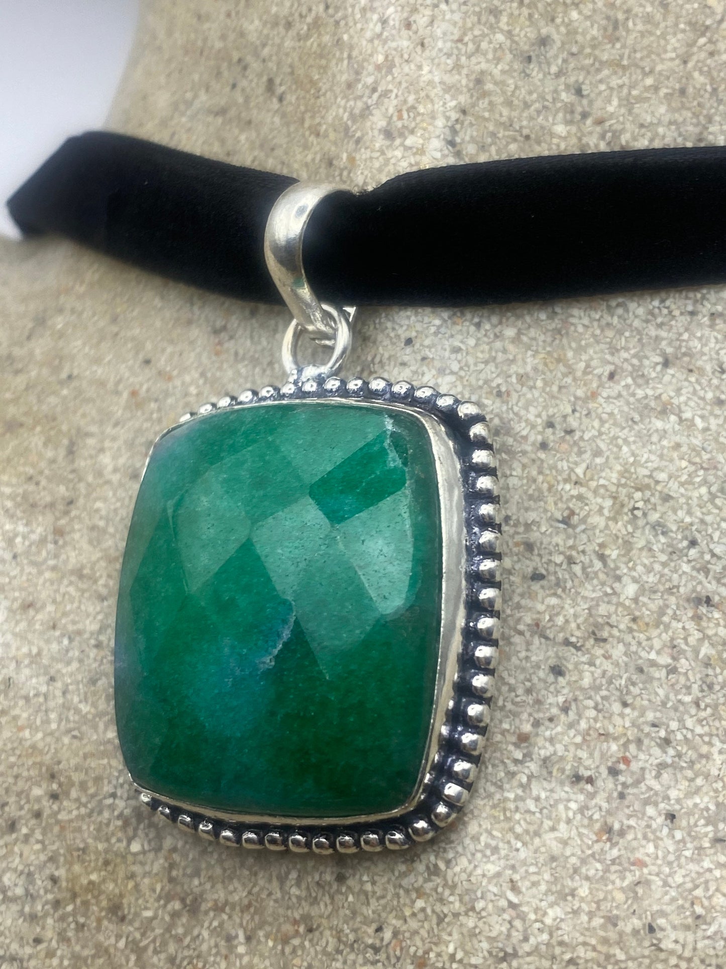 Vintage Green Raw Emerald Crystal Black Velvet Choker Pendant