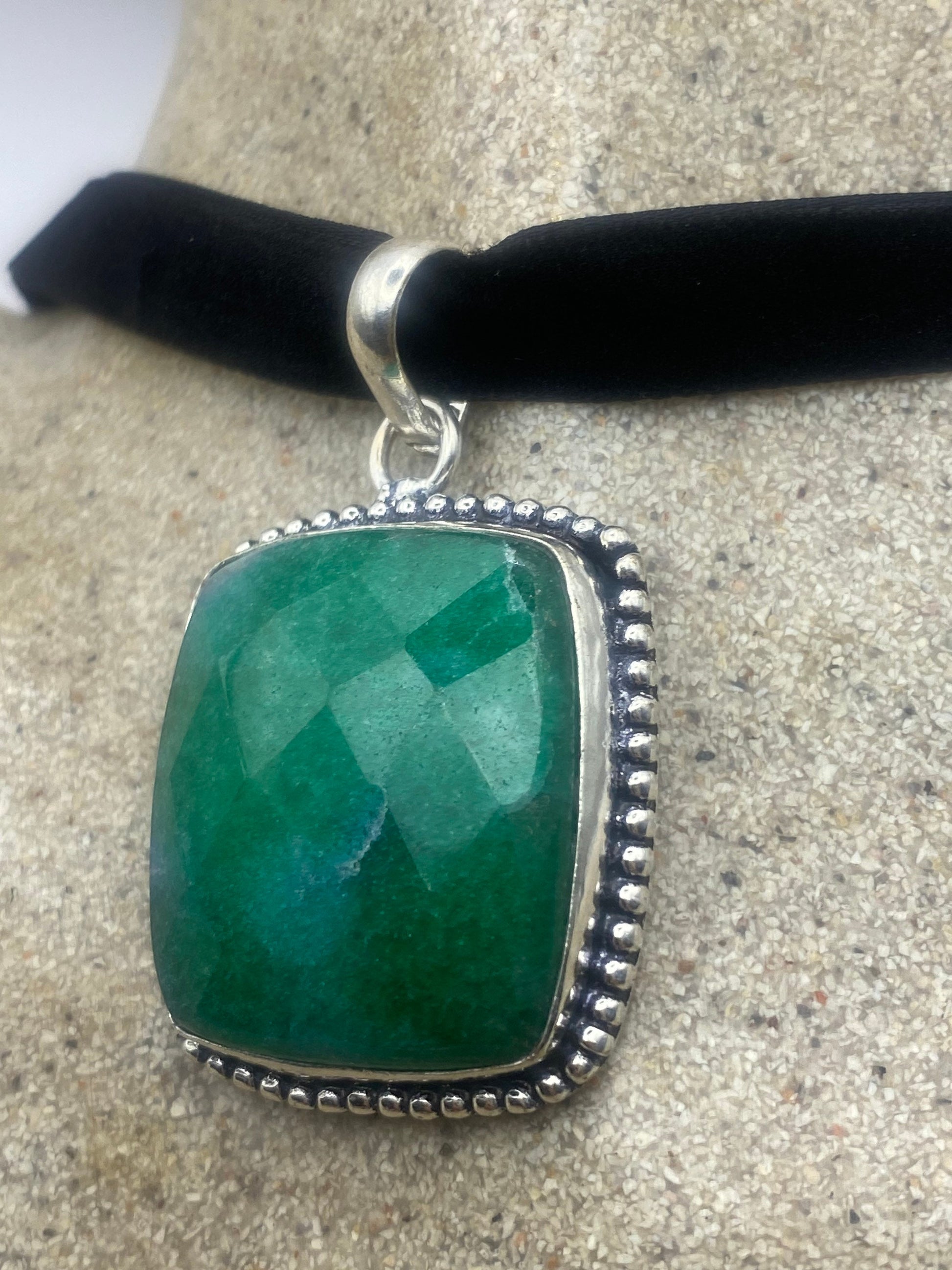 Vintage Green Raw Emerald Crystal Black Velvet Choker Pendant