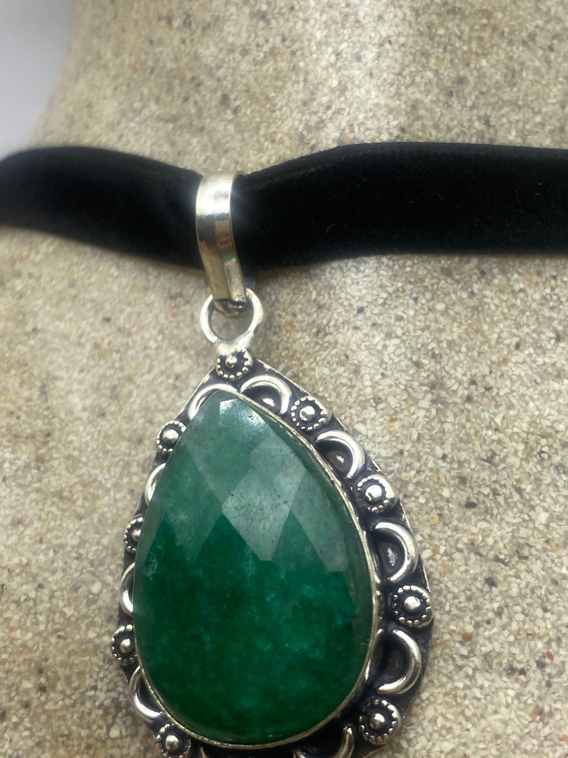 Vintage Green Raw Emerald Crystal Black Velvet Choker Pendant