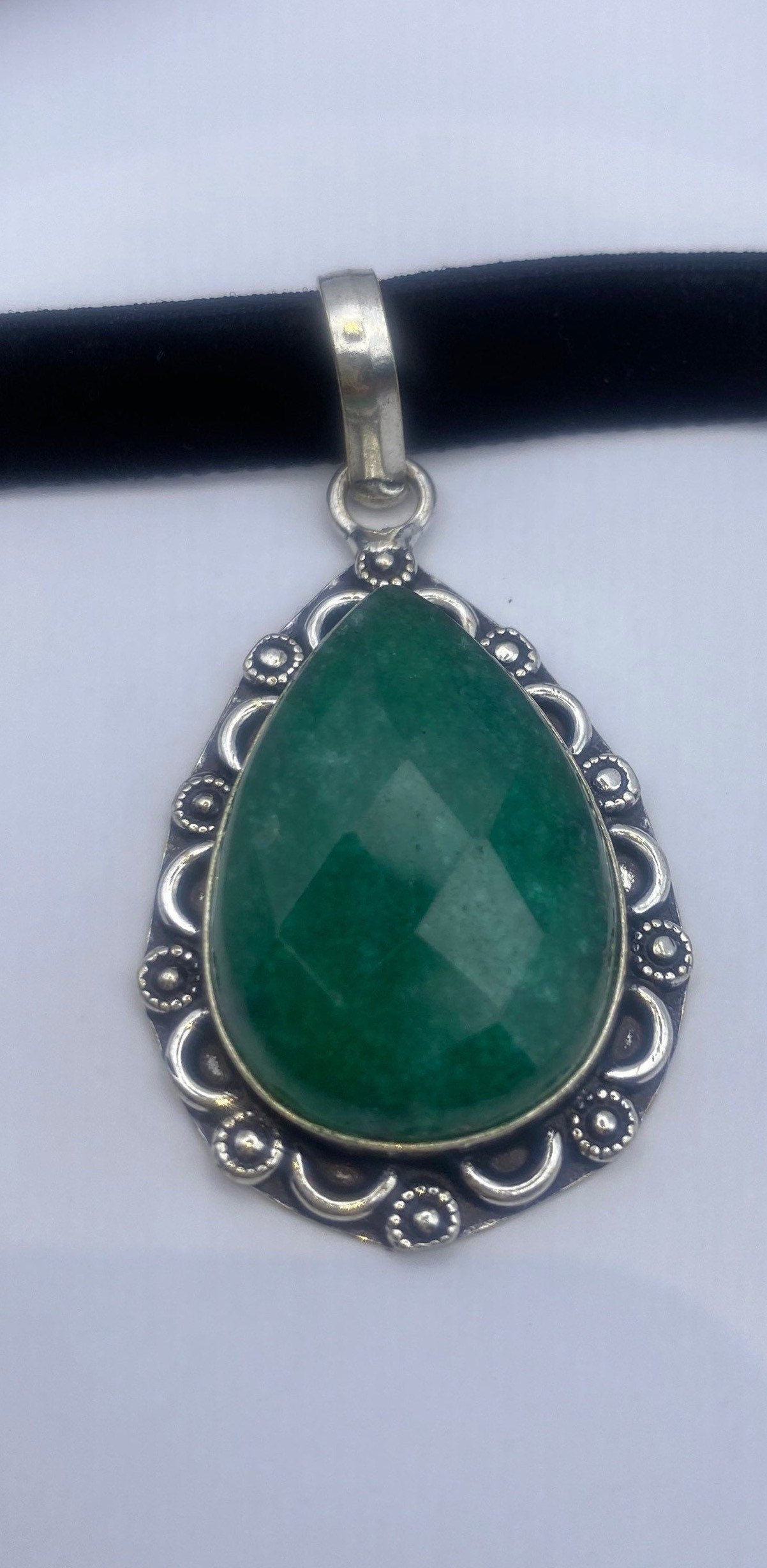 Vintage Green Raw Emerald Crystal Black Velvet Choker Pendant