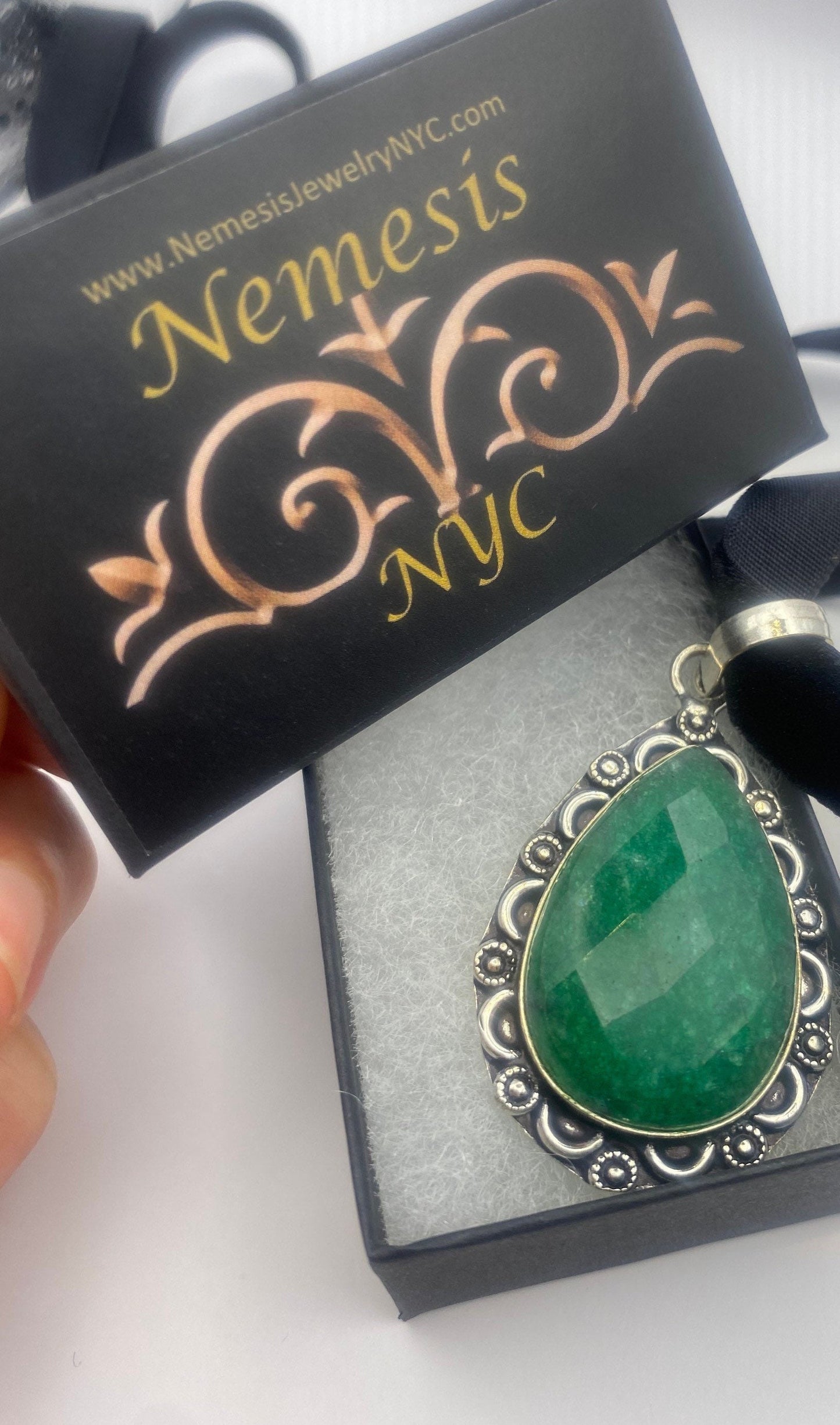 Vintage Green Raw Emerald Crystal Black Velvet Choker Pendant