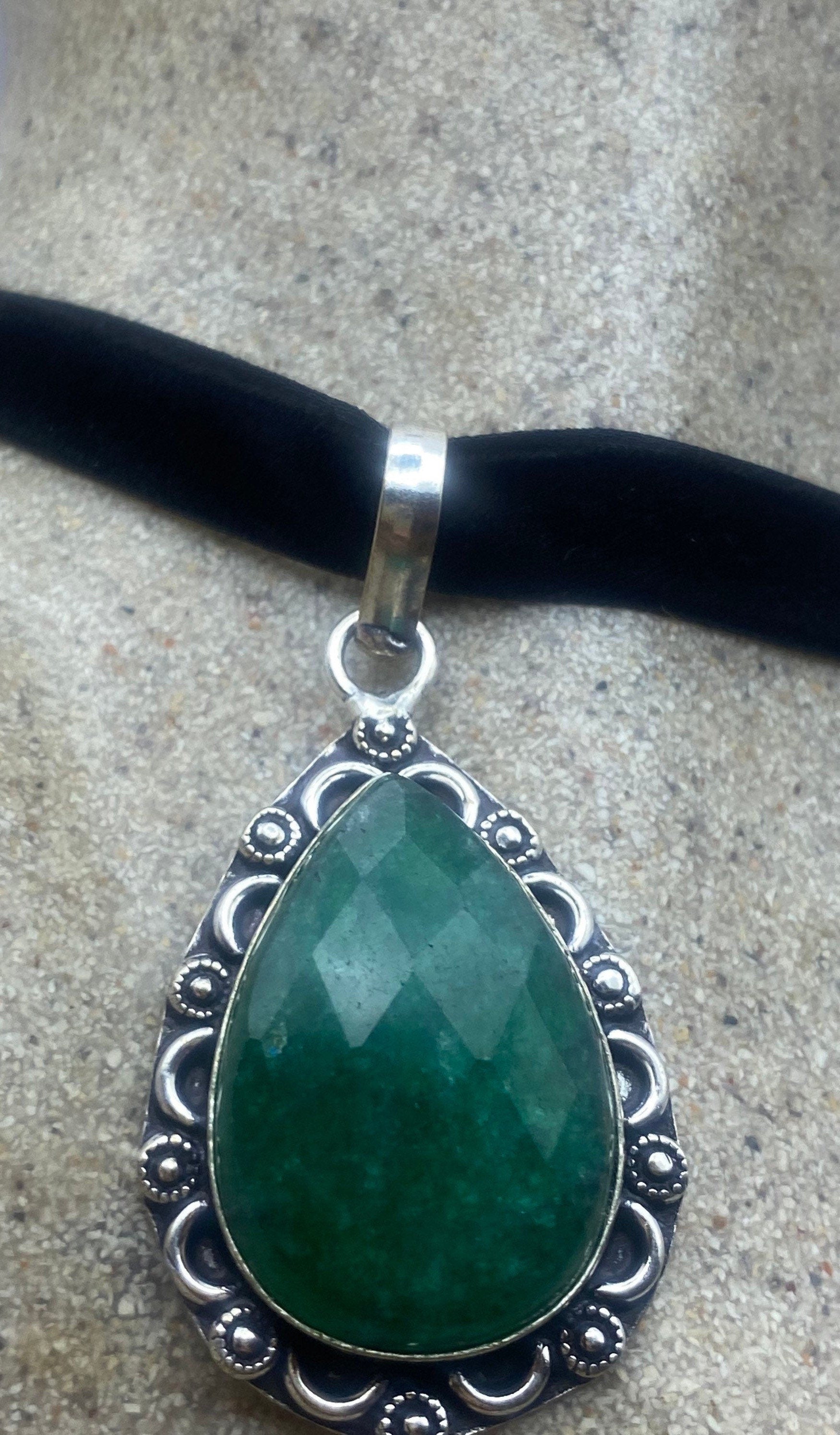 Vintage Green Raw Emerald Crystal Black Velvet Choker Pendant