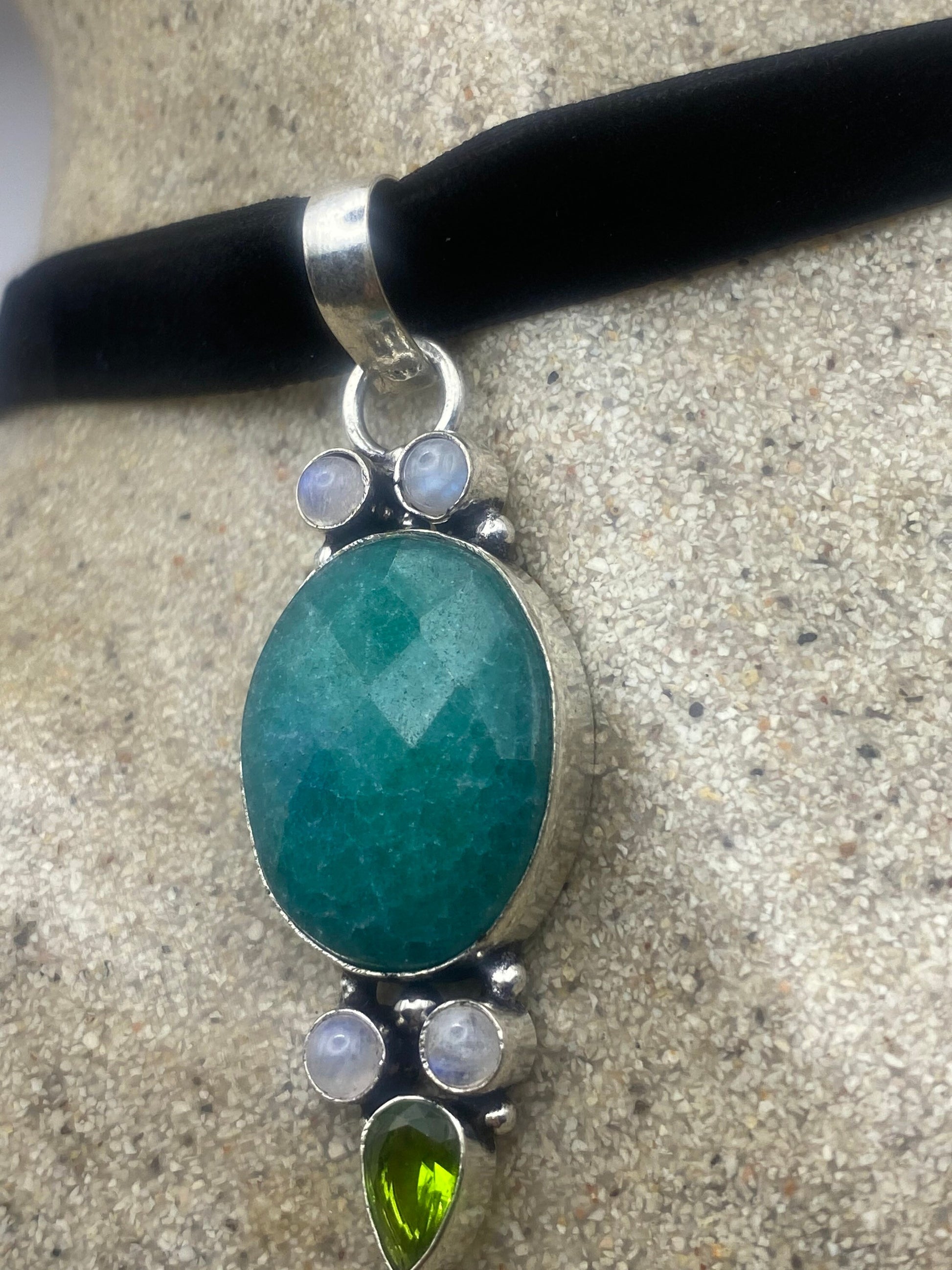 Vintage Green Raw Emerald Crystal Black Velvet Choker Pendant