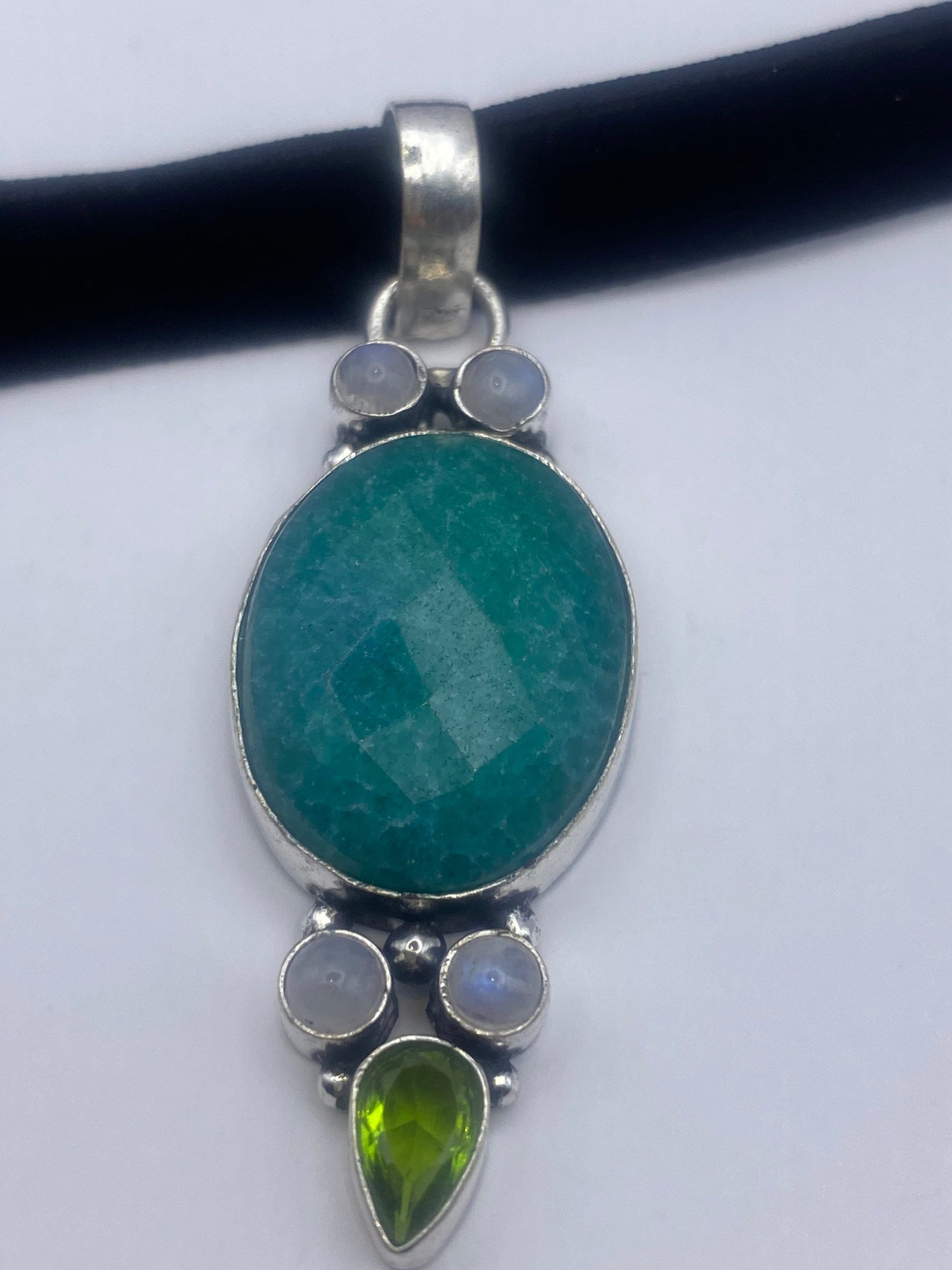 Vintage Green Raw Emerald Crystal Black Velvet Choker Pendant