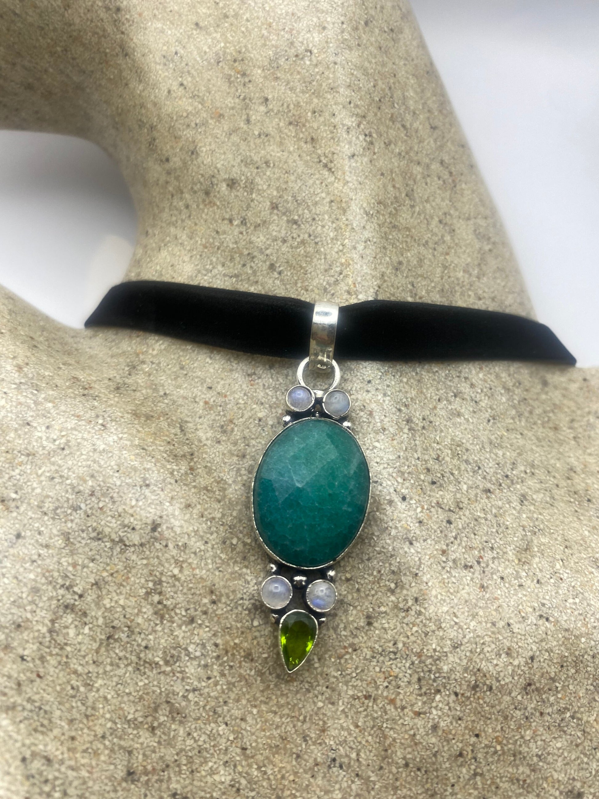Vintage Green Raw Emerald Crystal Black Velvet Choker Pendant