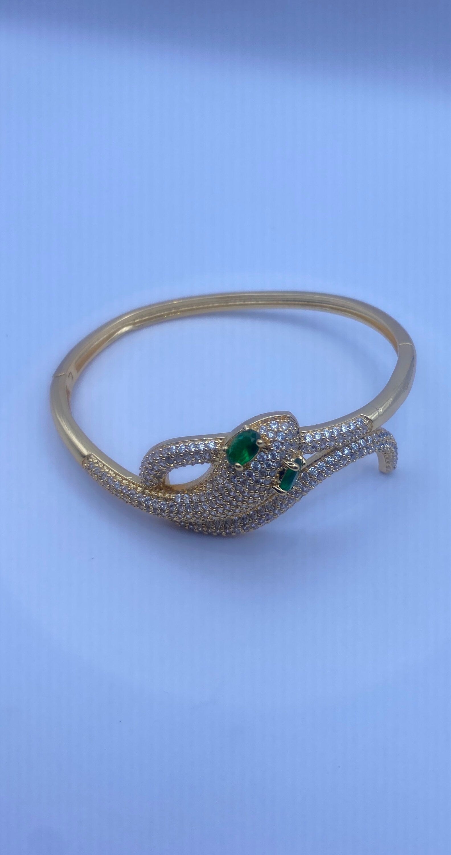 Vintage Snake Bangle Bracelet Gold filled Green Crystal Eyes