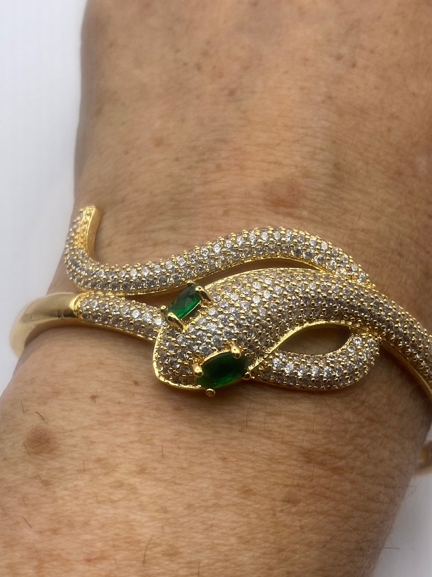 Vintage Snake Bangle Bracelet Gold filled Green Crystal Eyes