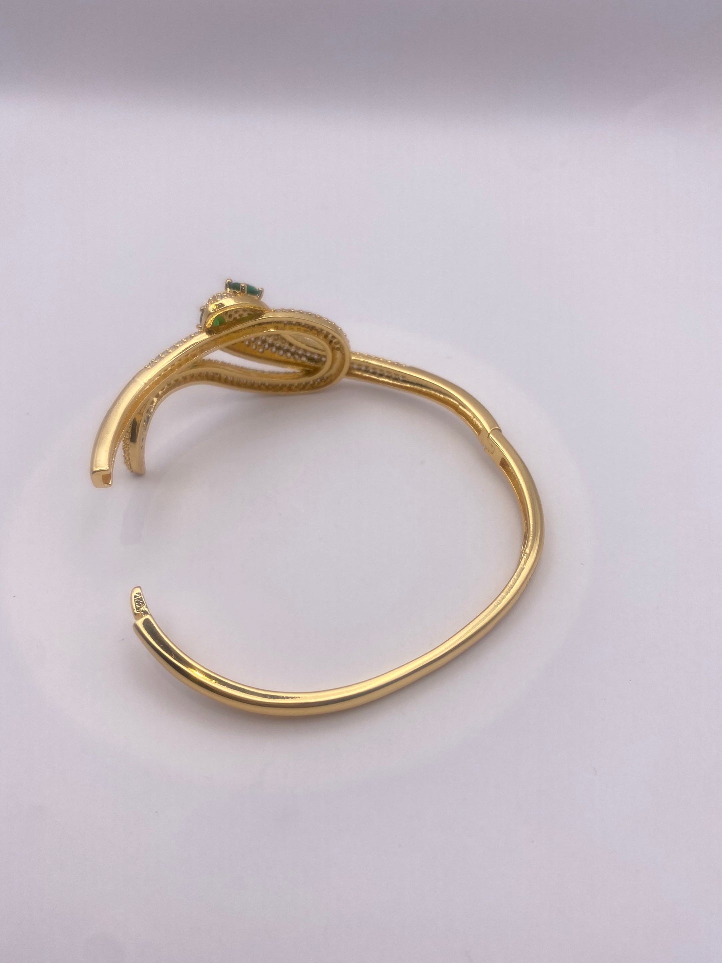 Vintage Snake Bangle Bracelet Gold filled Green Crystal Eyes
