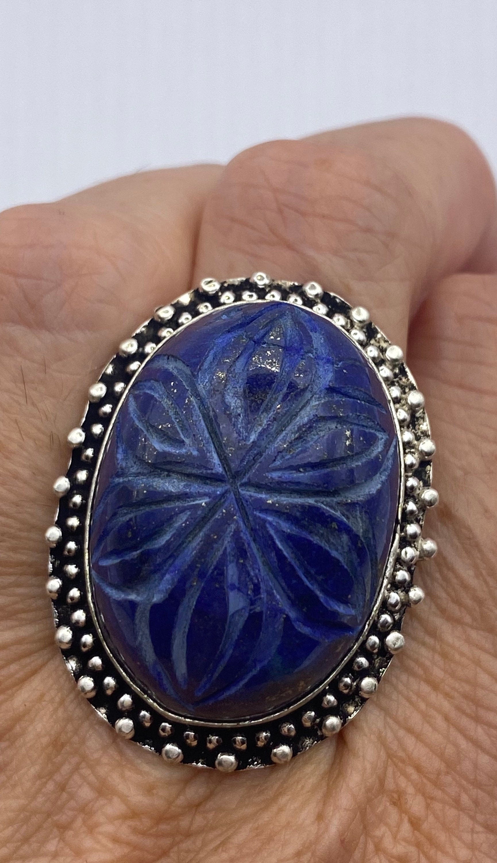 Vintage Blue Flower Carved Lapis Lazuli Ring