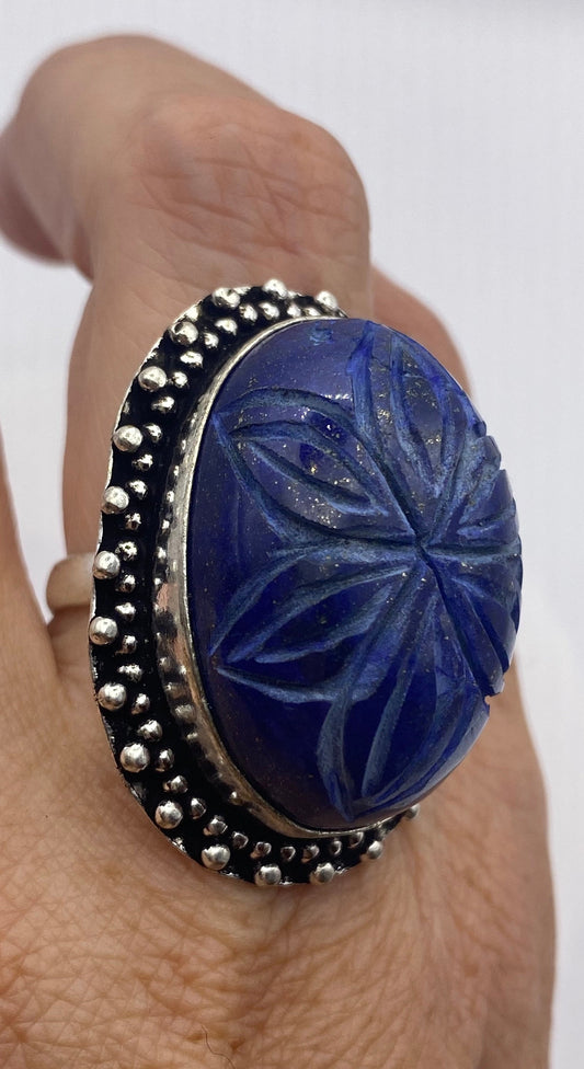 Vintage Blue Flower Carved Lapis Lazuli Ring