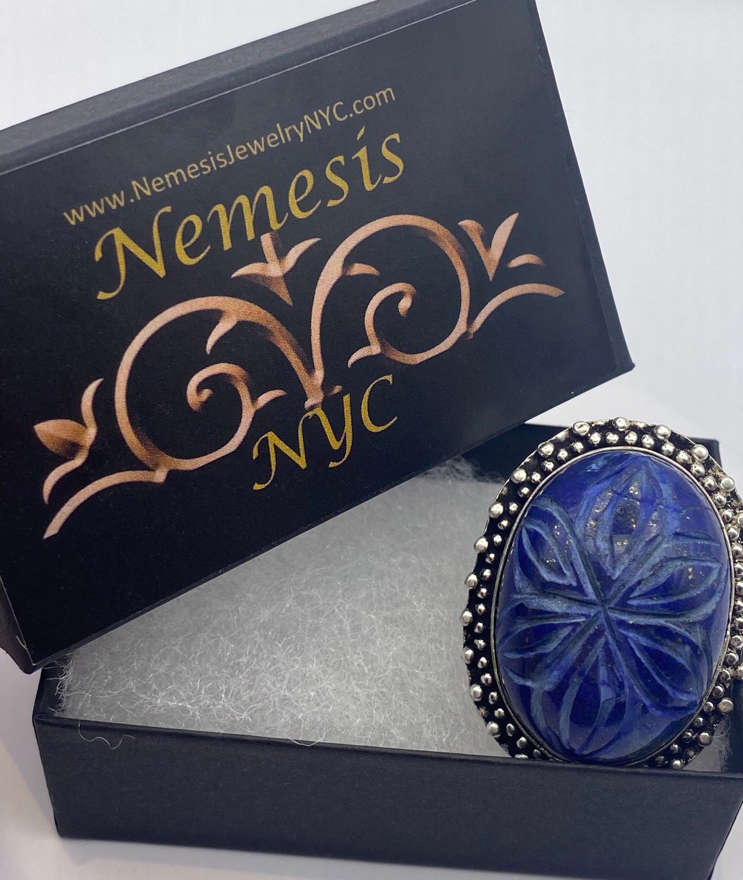 Vintage Blue Flower Carved Lapis Lazuli Ring
