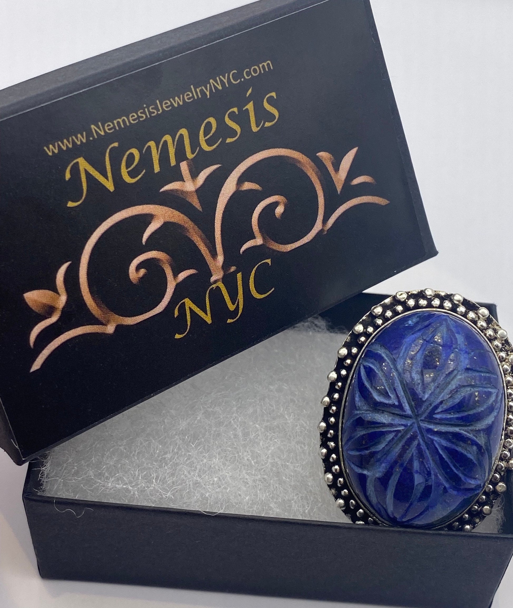 Vintage Blue Flower Carved Lapis Lazuli Ring