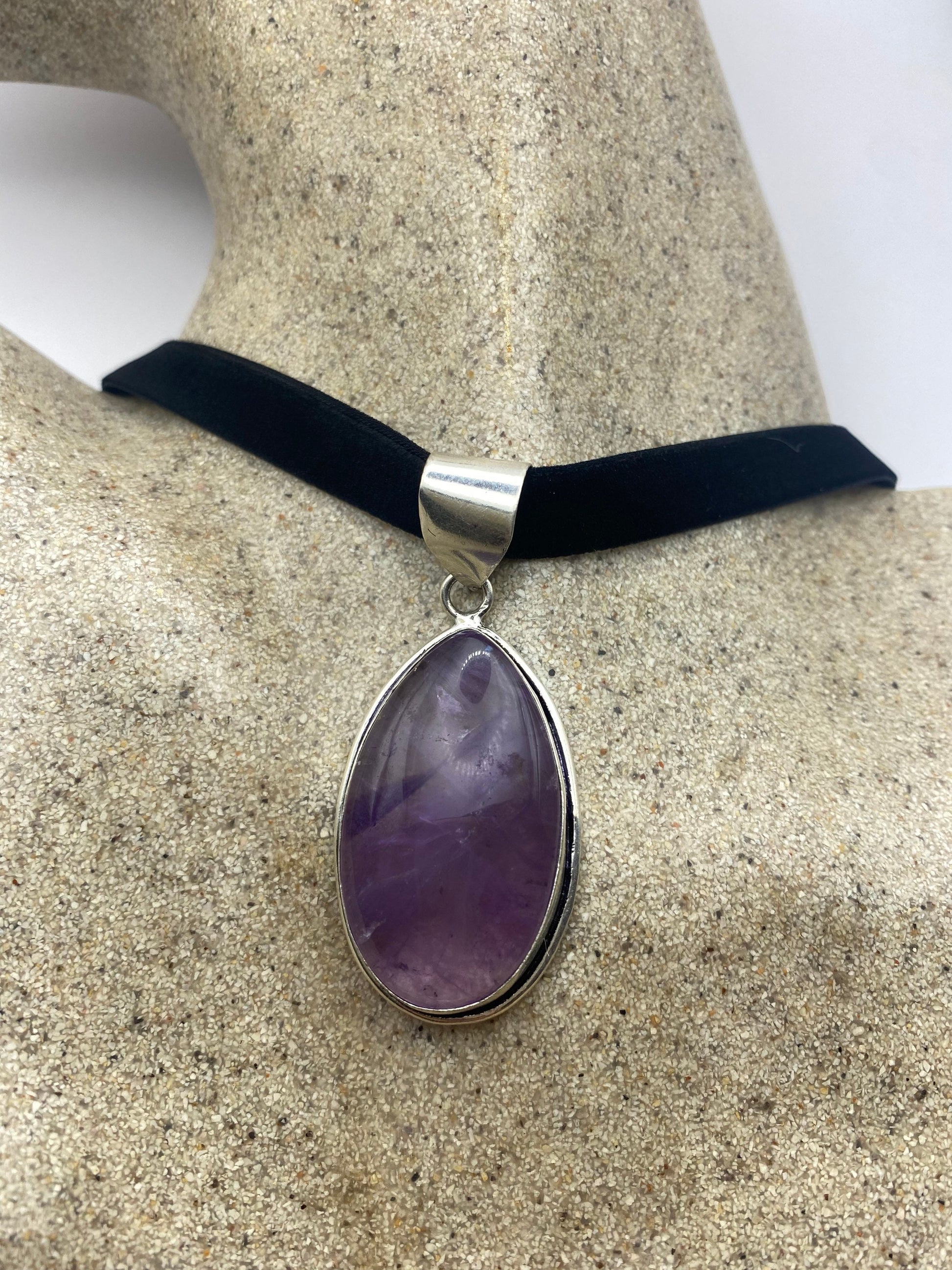 Vintage Amethyst Choker Necklace Bohemian Cabochon Purple Genuine