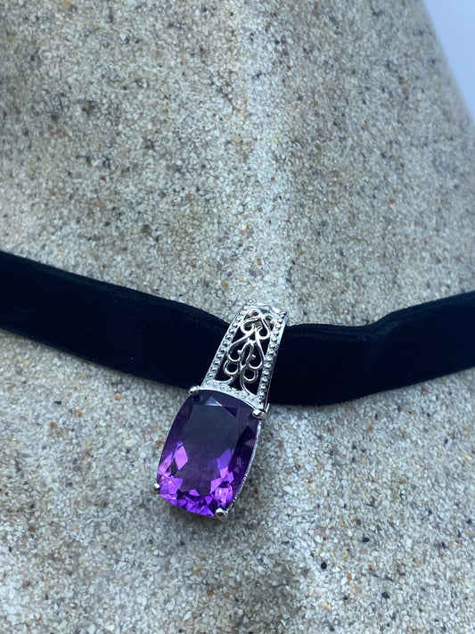 Vintage Choker 925 Sterling Silver Purple Amethyst Pendant