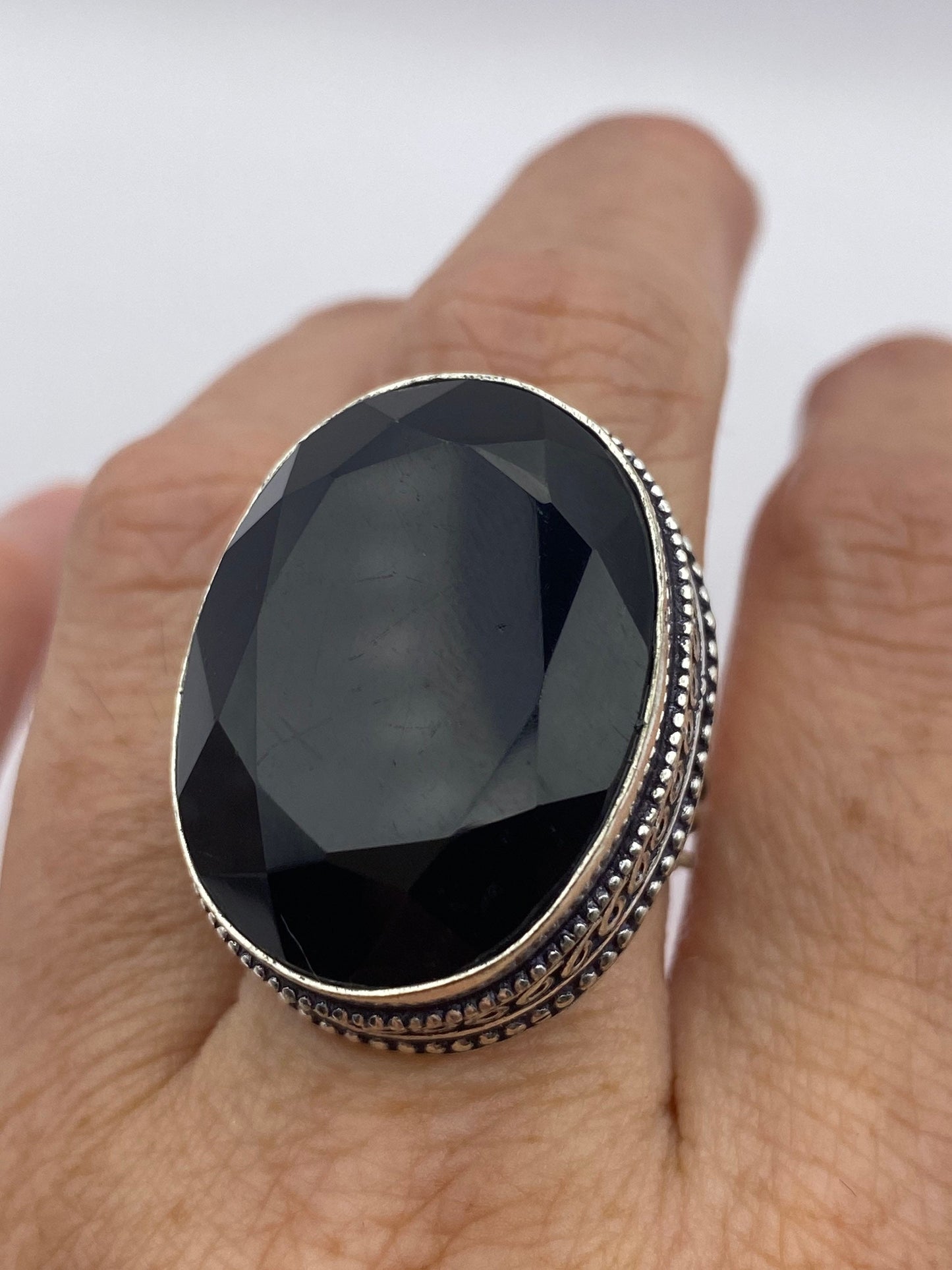 Vintage Black Onyx Silver Cocktail Ring Size 7.5