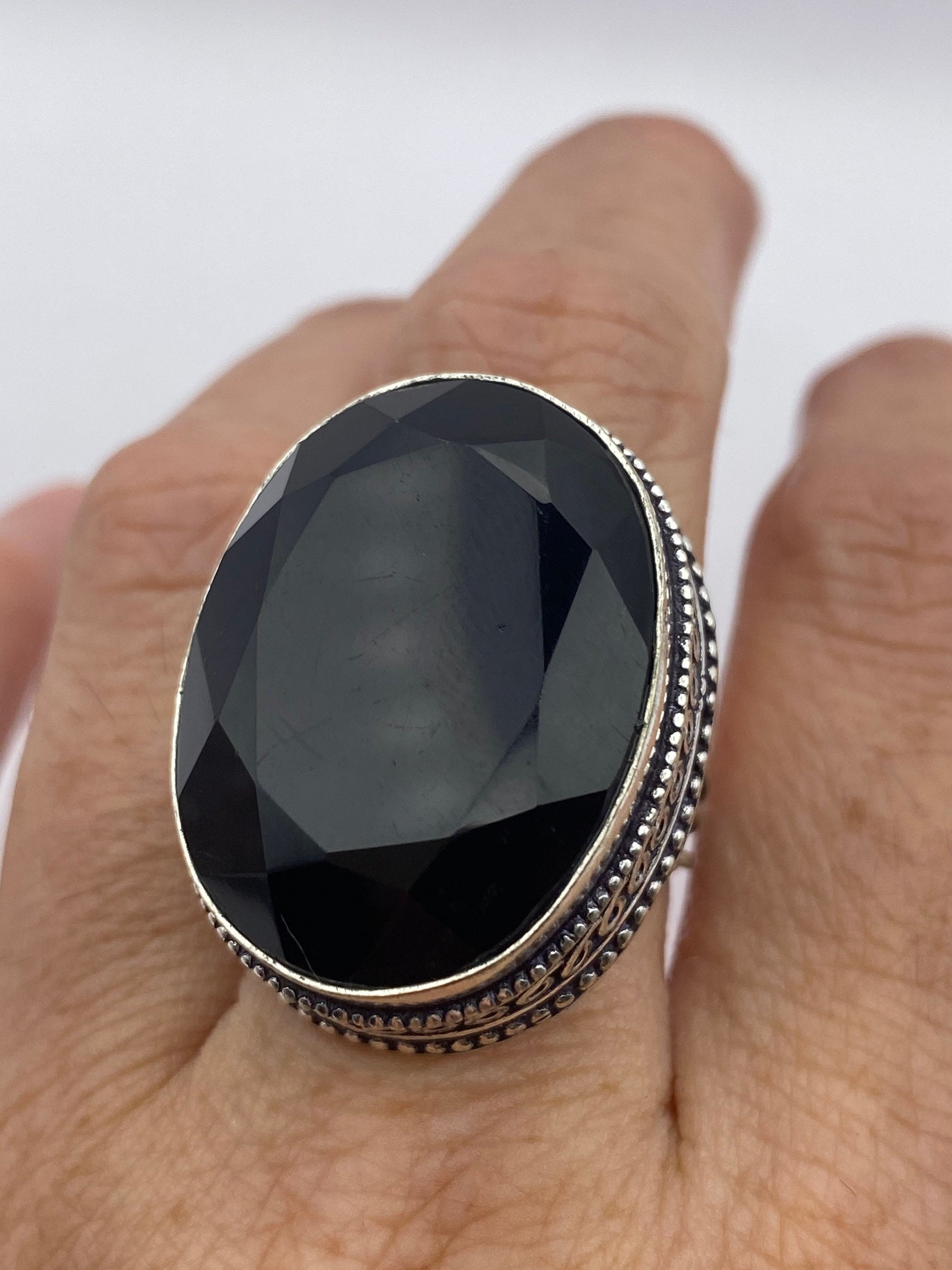 Vintage Black Onyx Silver Cocktail Ring Size 7.5