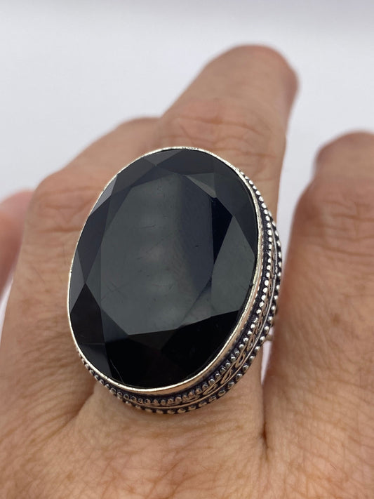 Vintage Black Onyx Silver Cocktail Ring Size 7.5