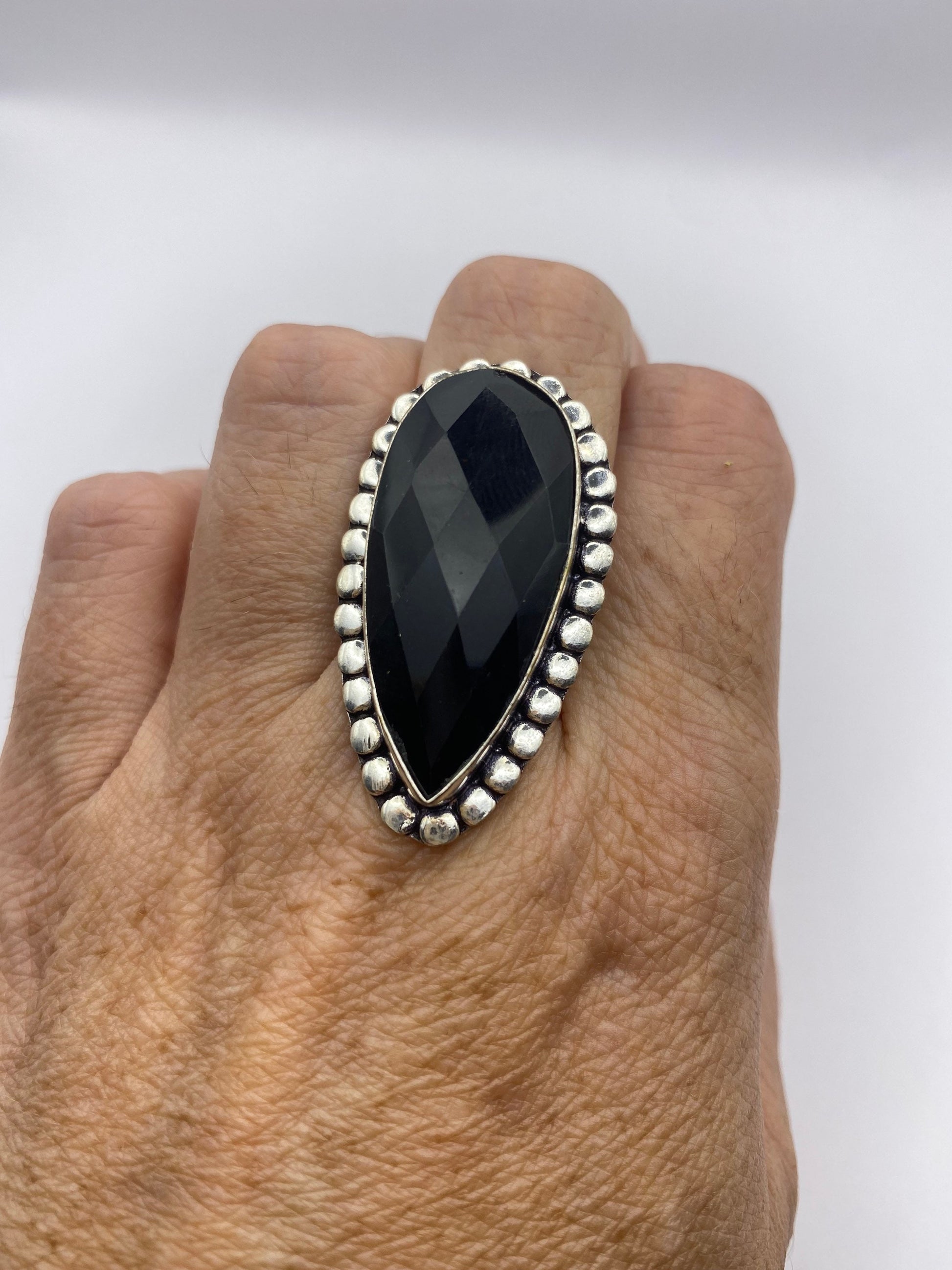 Vintage Black Onyx Silver Cocktail Ring Size 7