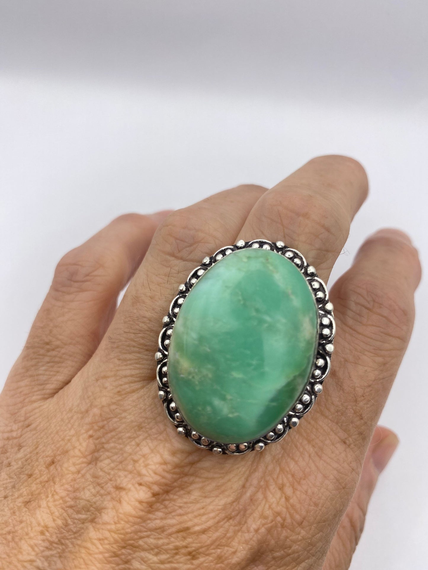 Vintage Green Amazonite Silver Ring Size 8