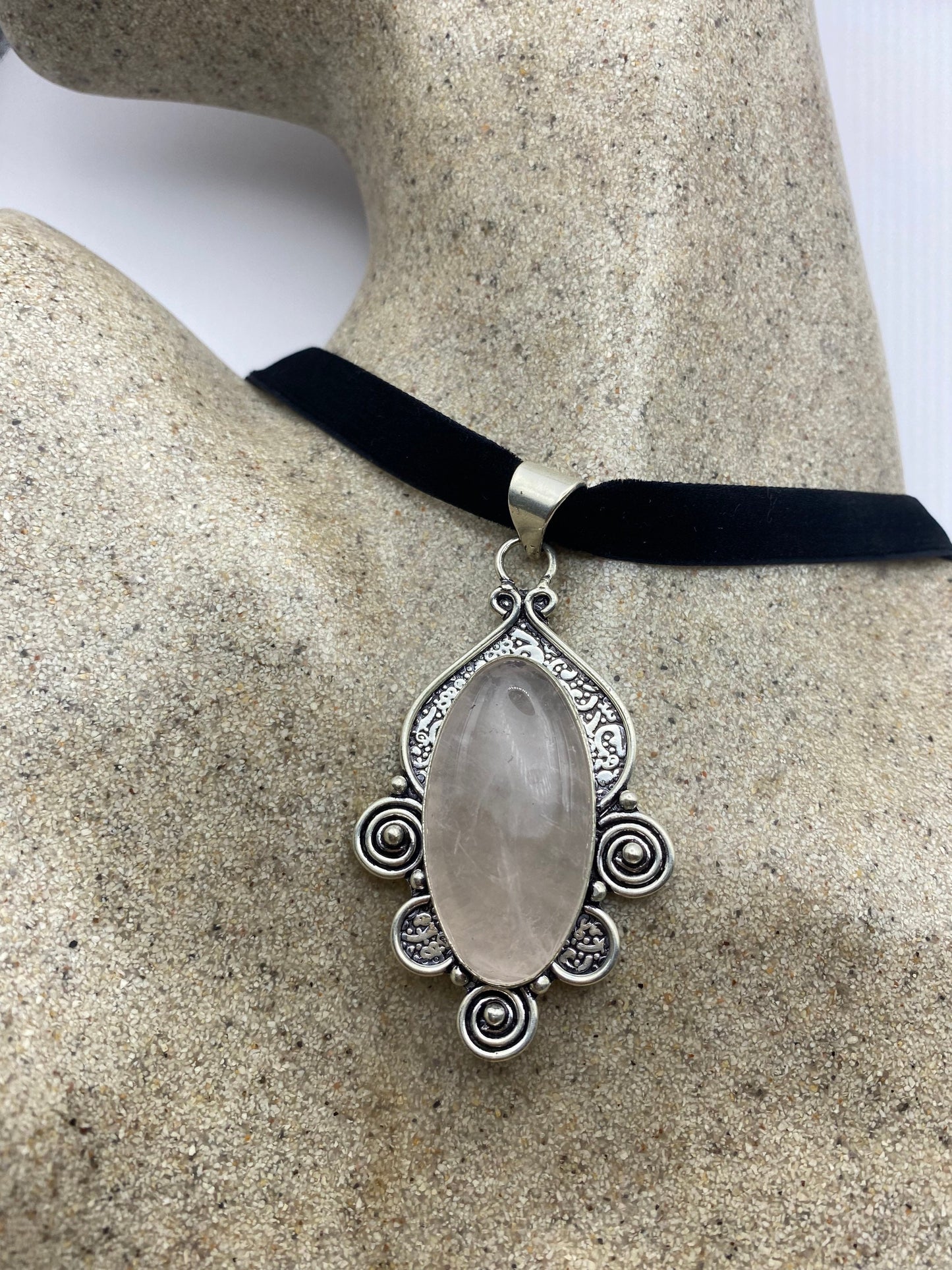 Vintage Handmade Silver Finish Rose Quartz Cross Choker Pendant