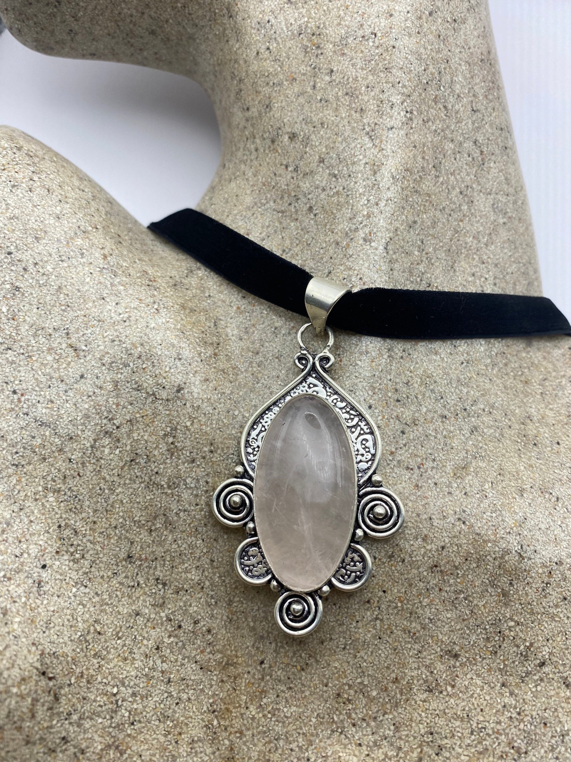 Vintage Handmade Silver Finish Rose Quartz Cross Choker Pendant