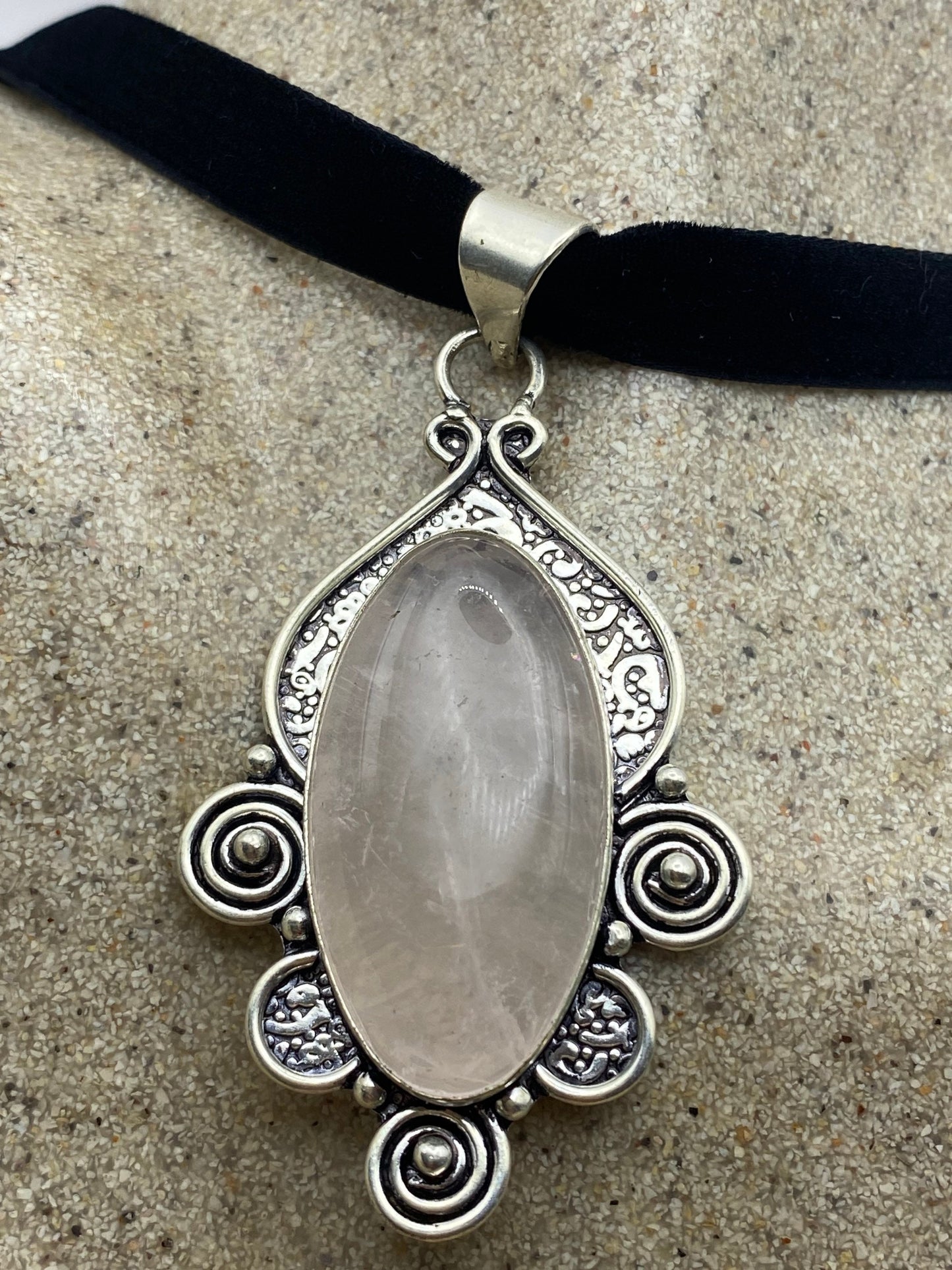 Vintage Handmade Silver Finish Rose Quartz Cross Choker Pendant