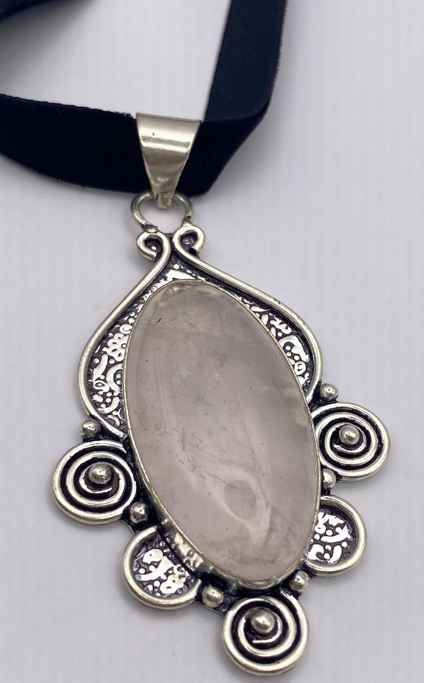 Vintage Handmade Silver Finish Rose Quartz Cross Choker Pendant